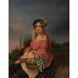 Lady with basket, German Biedermeier, ca. 1840, oil on panel 31 x 24 cm. (12.2 x 9.4 in.), Frame: 46