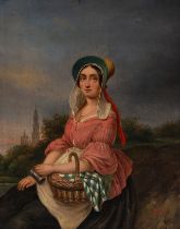 Lady with basket, German Biedermeier, ca. 1840, oil on panel 31 x 24 cm. (12.2 x 9.4 in.), Frame: 46