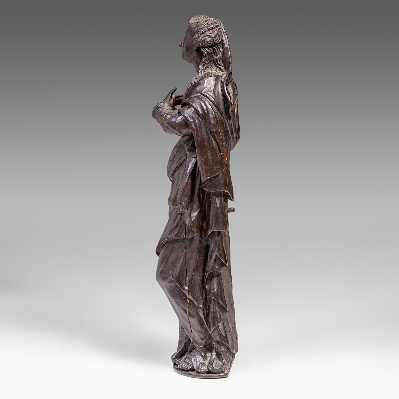 A carved wooden sculpture of Saint Barbara, on a matching console, H 139 cm (total) - Image 6 of 10