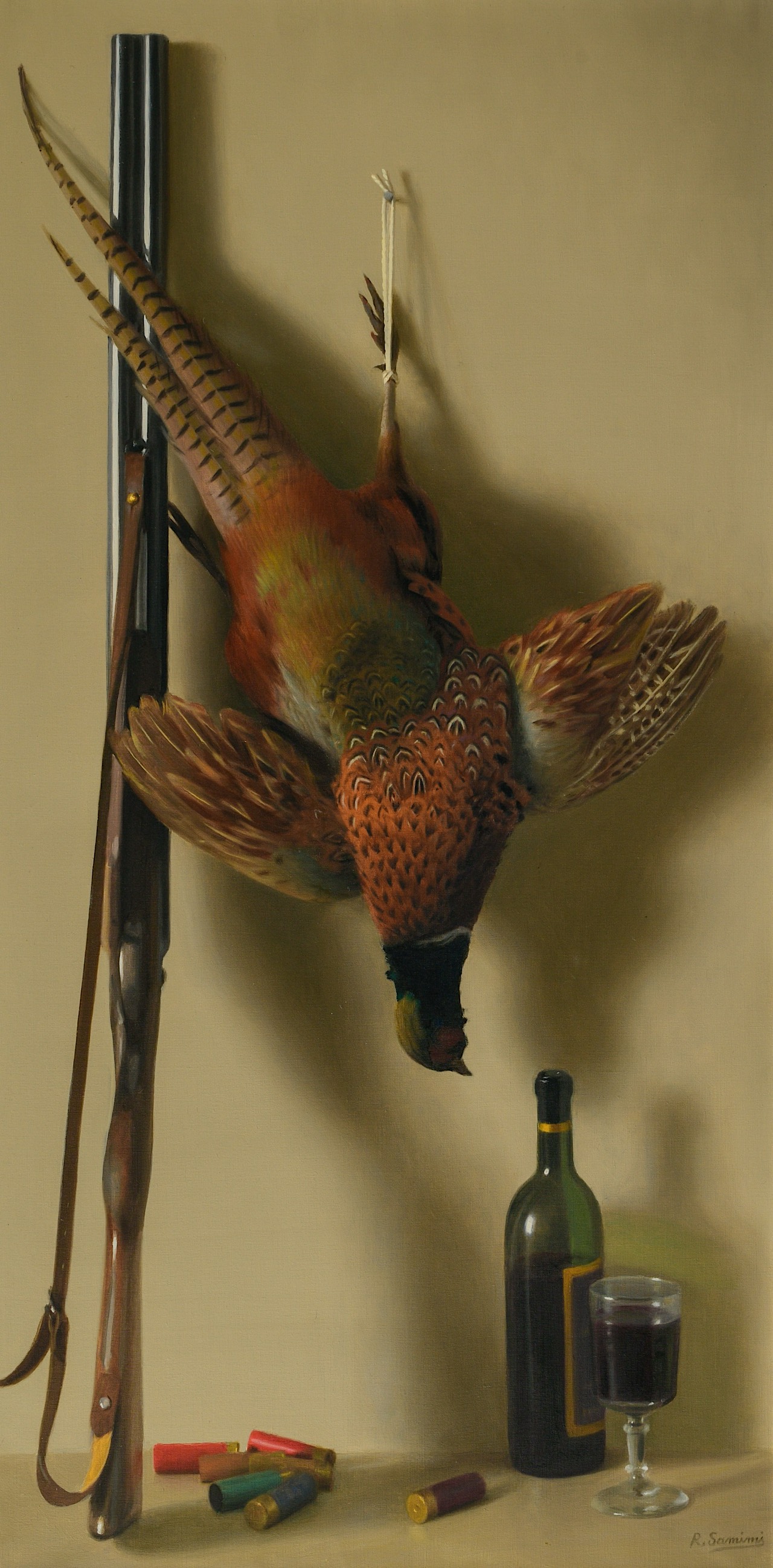 Reza Samimi (1919-1991), a hunting still life, oil on canvas 120 x 60 cm. (47.2 x 23.6 in.), Frame: