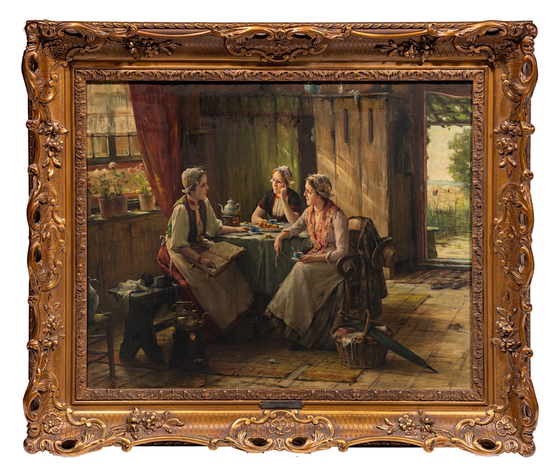 Edward Portielje (1861-1949), chatting maids over a cup of tea, oil on canvas 51 x 64 cm. (20.0 x 25 - Bild 2 aus 6
