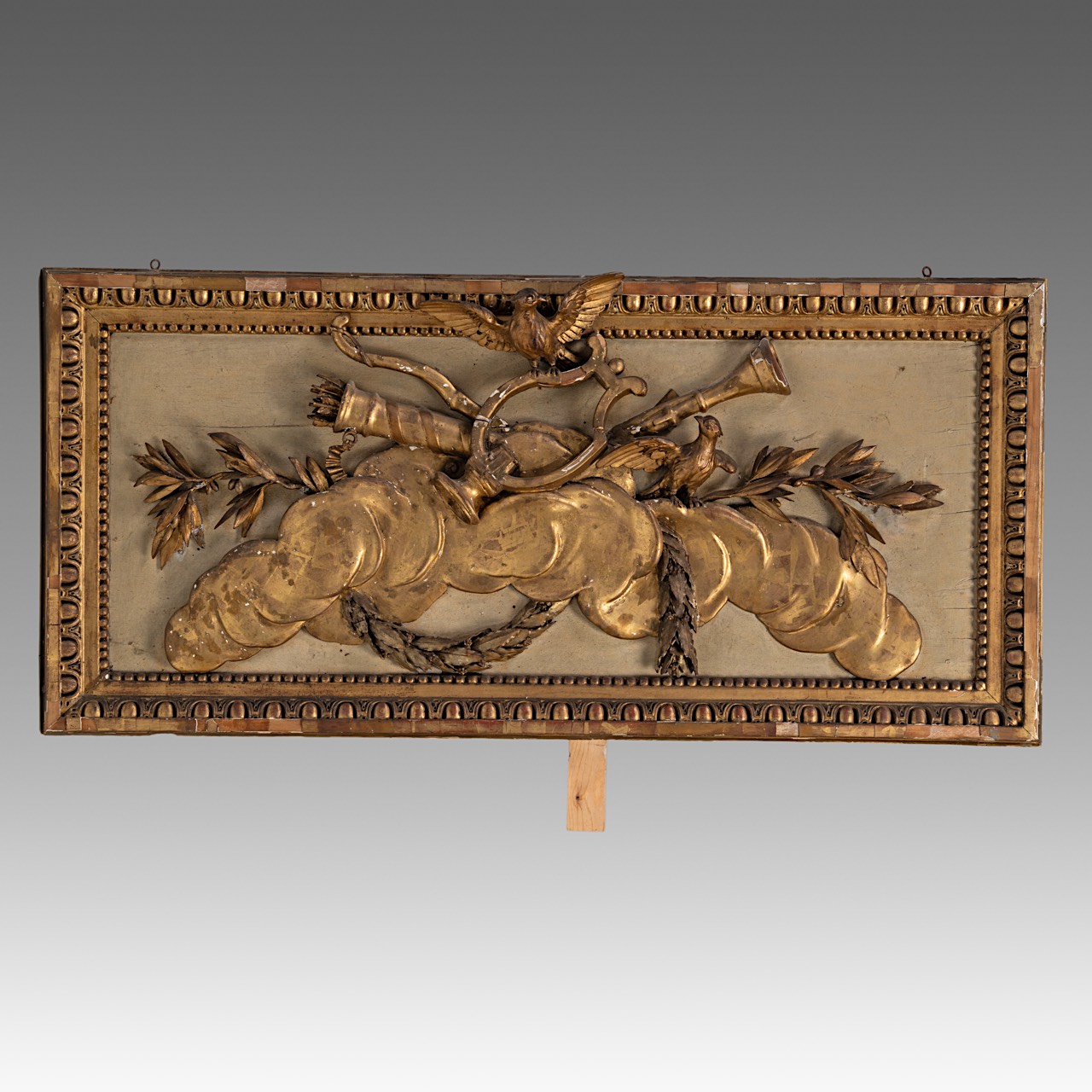 A Louis XVI giltwood trumeau mirror, decorated with a trophy on top, H 270 - W 118 cm - Image 4 of 8