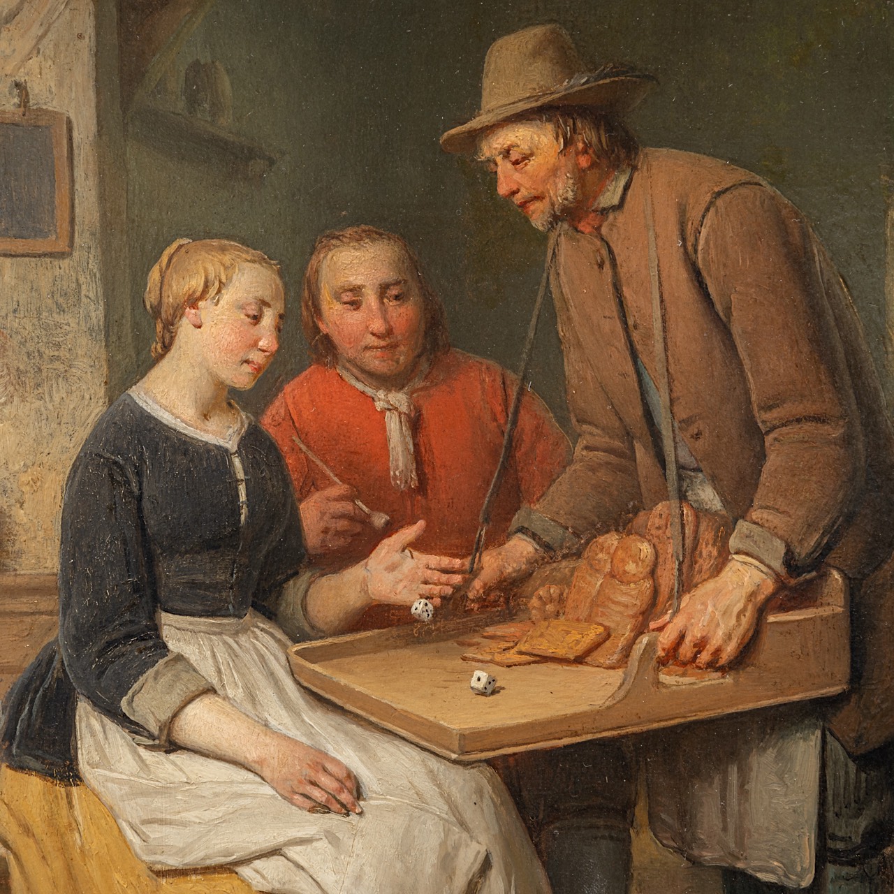 Ferdinand I De Braekeleer (1792-1883), tavern scene with dice player, 1870, oil on mahogany - Image 5 of 6