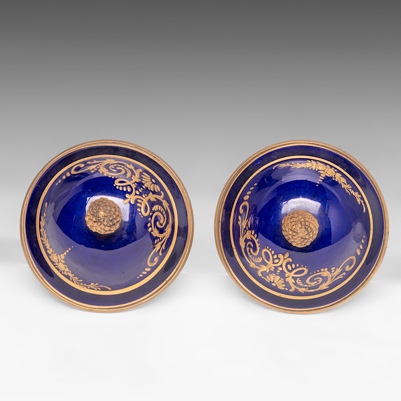 A pair of blue royale ground oblong Sevres type vases with hand-painted gallant scenes and gilt bron - Image 8 of 11