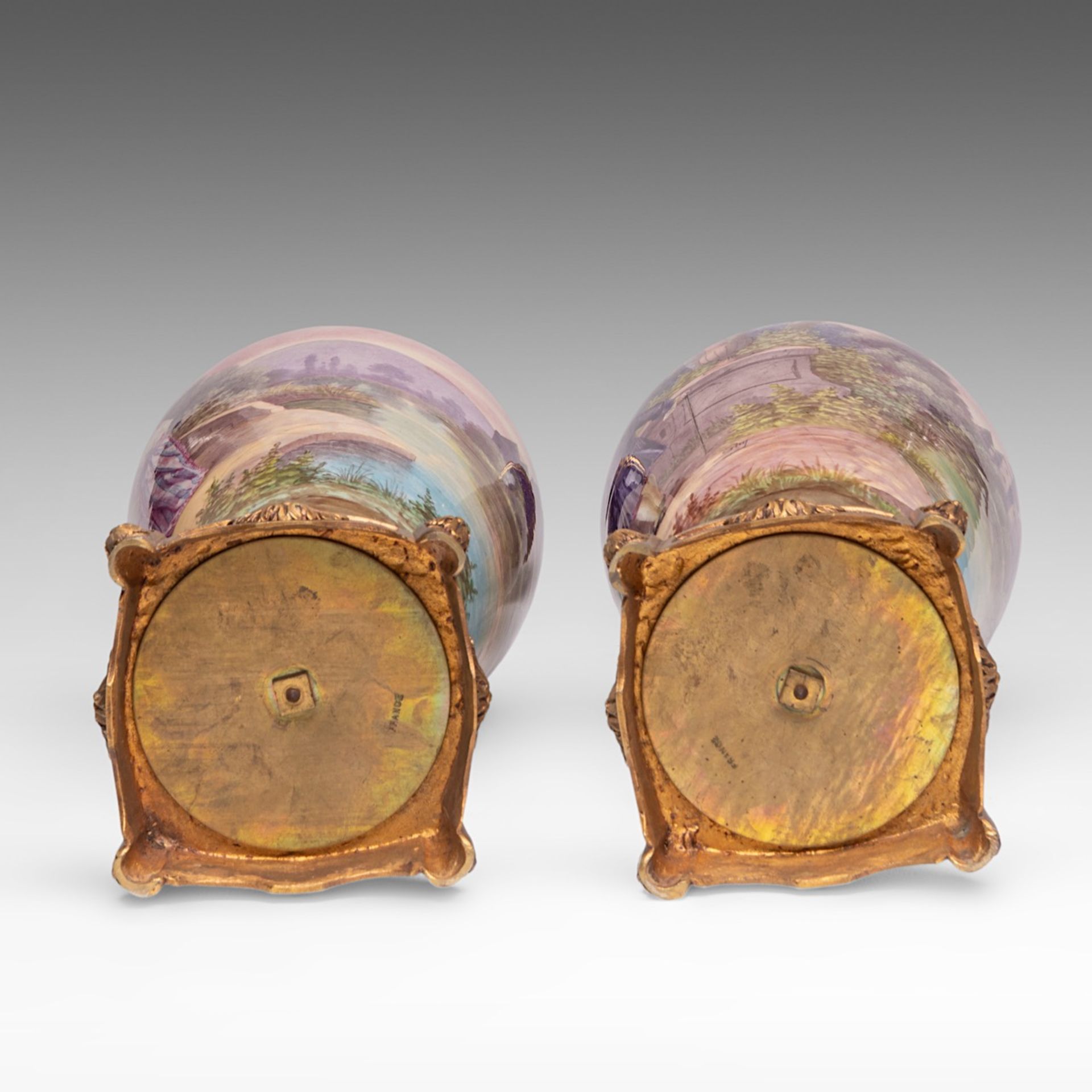 A pair of blue royale ground oblong Sevres type vases with hand-painted gallant scenes and gilt bron - Bild 7 aus 11