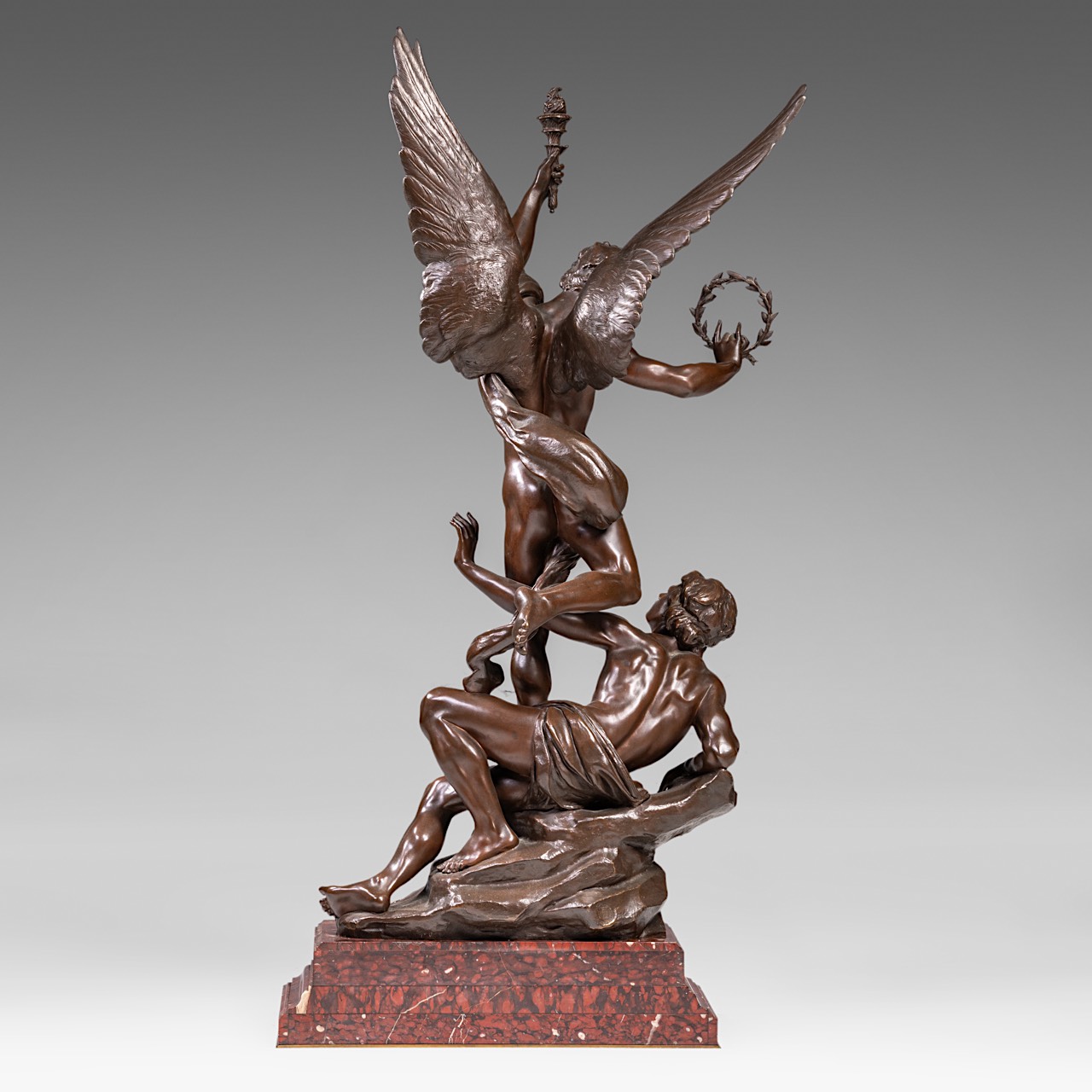 Charles Vital-Cornu (1851/53-1927), 'Le Reveil du Genie', patinated bronze on a Griotte marble base, - Image 4 of 11
