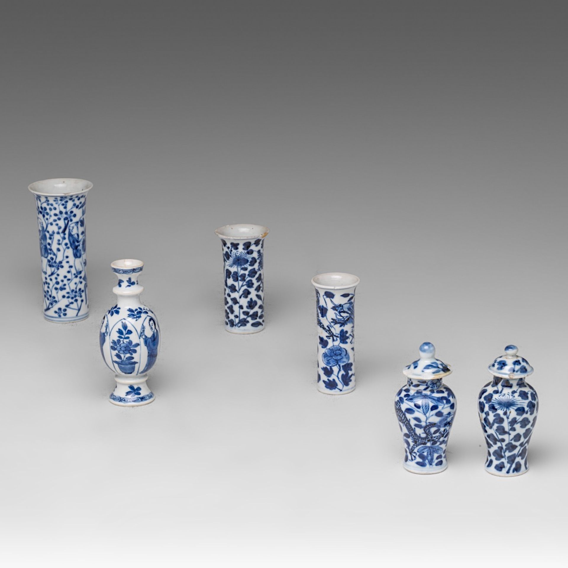 A Chinese blue and white 'Long Elisa' miniature vase, Kangxi period, H 11 cm - added an assembled fi - Image 5 of 9