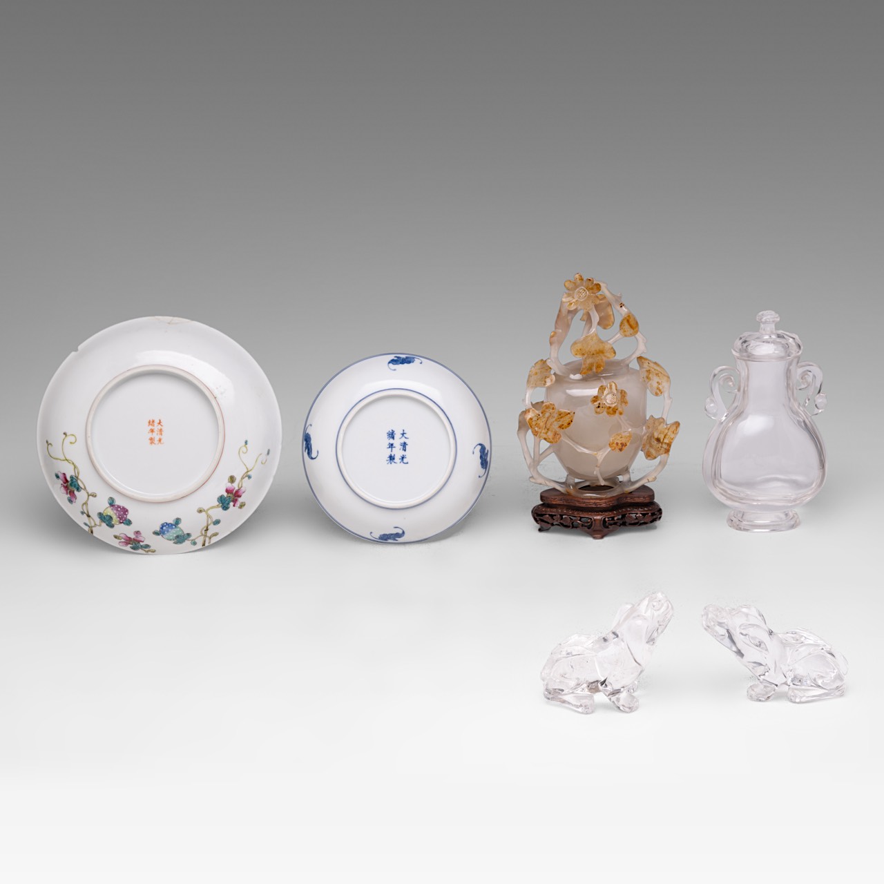A small collection of various Chinese objects: two marked porcelain dishes, a carnelian 'Prunus' pot - Image 2 of 4