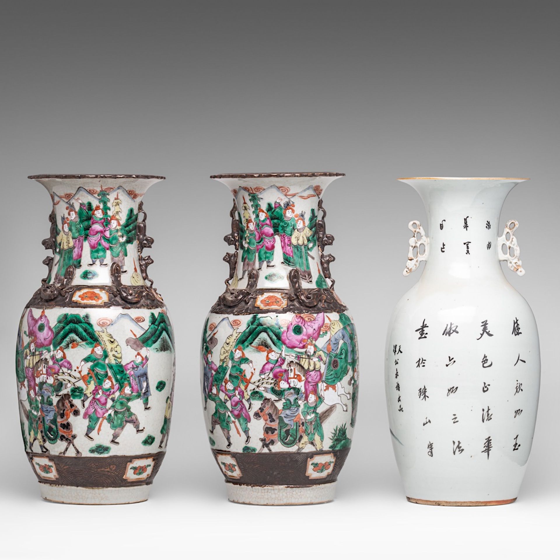 A pair of Chinese famille rose Nanking stoneware vases, 19thC, H 43,5 cm - and a famille rose 'Beaut - Image 3 of 13