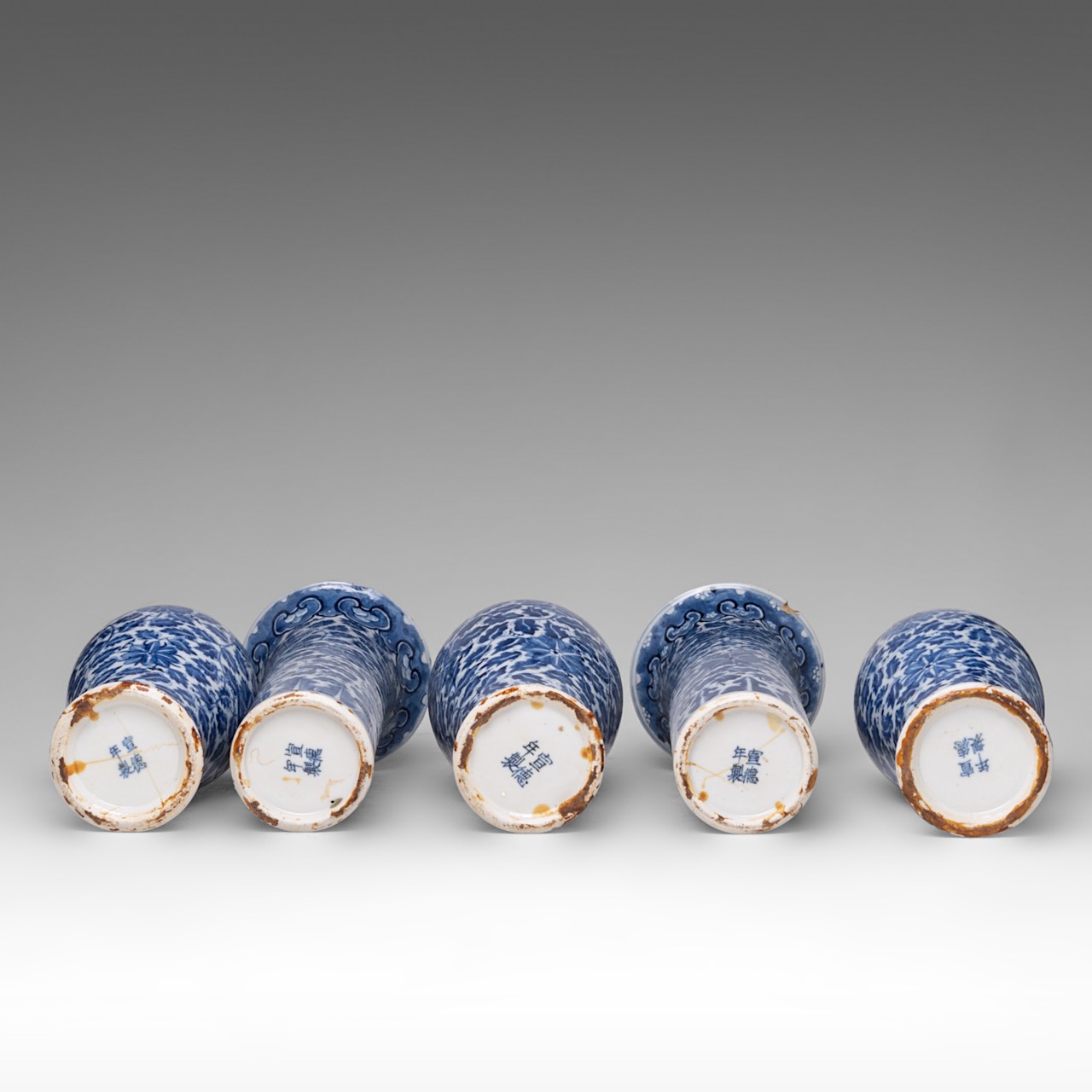 A complete set of Chinese blue and white floral decorated five-piece garniture vases, 19thC, H 30 (b - Image 6 of 8