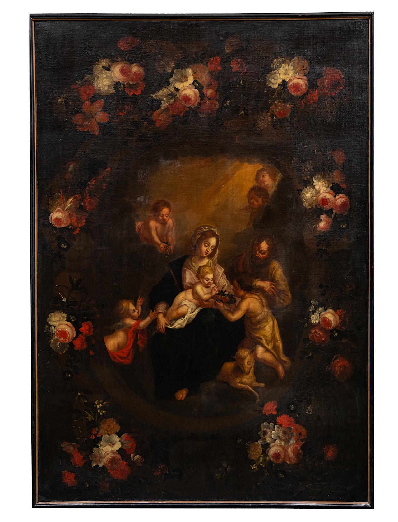 The Holy Family in a flower wreath, 17thC, Flemish School, oil on canvas 195 x 138 cm. (76.7 x 54.3 - Image 2 of 10