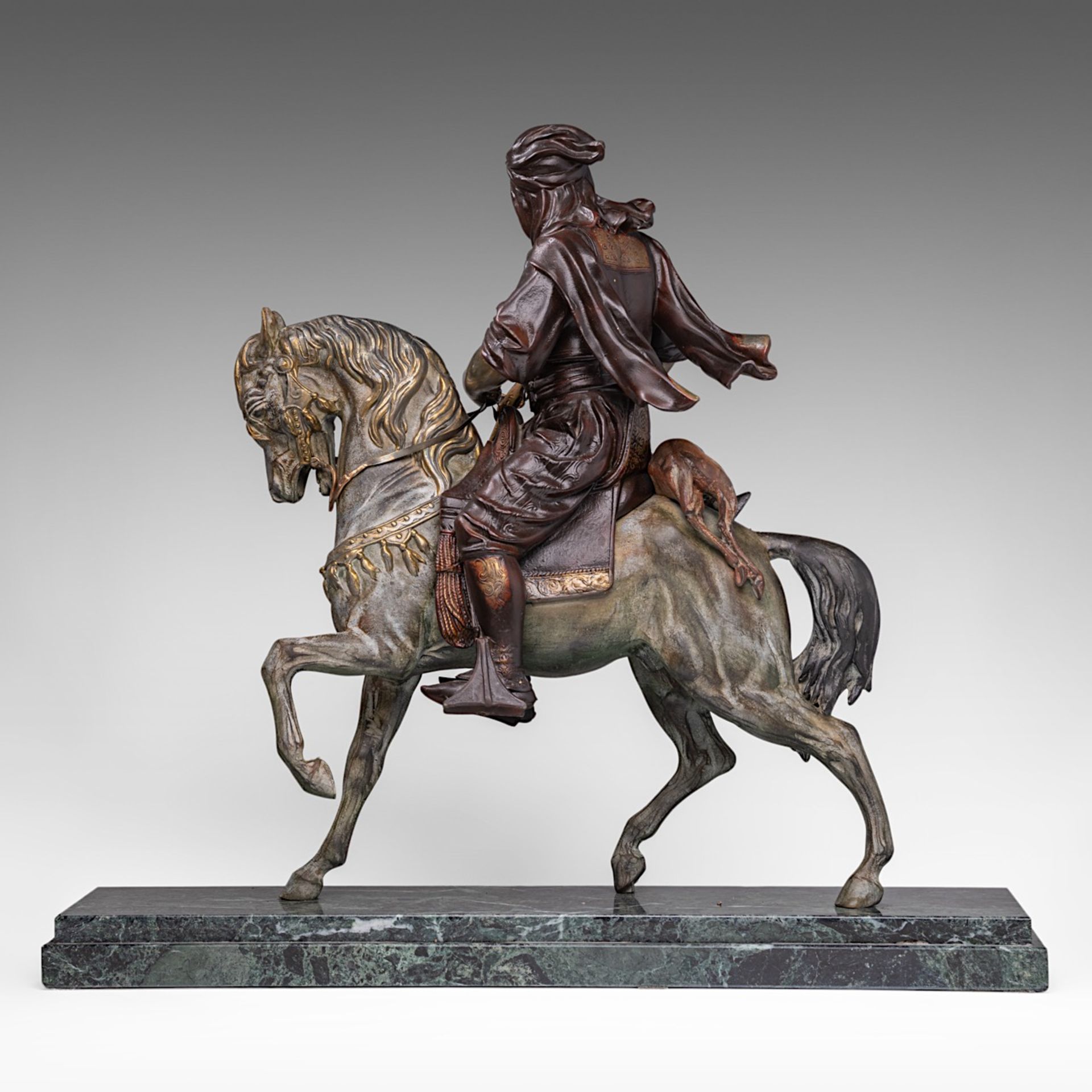 Attrib. to Alfred Barye (1839-1882), Arab horseman, patinated spelter on a vert de mer marble base, - Image 6 of 10