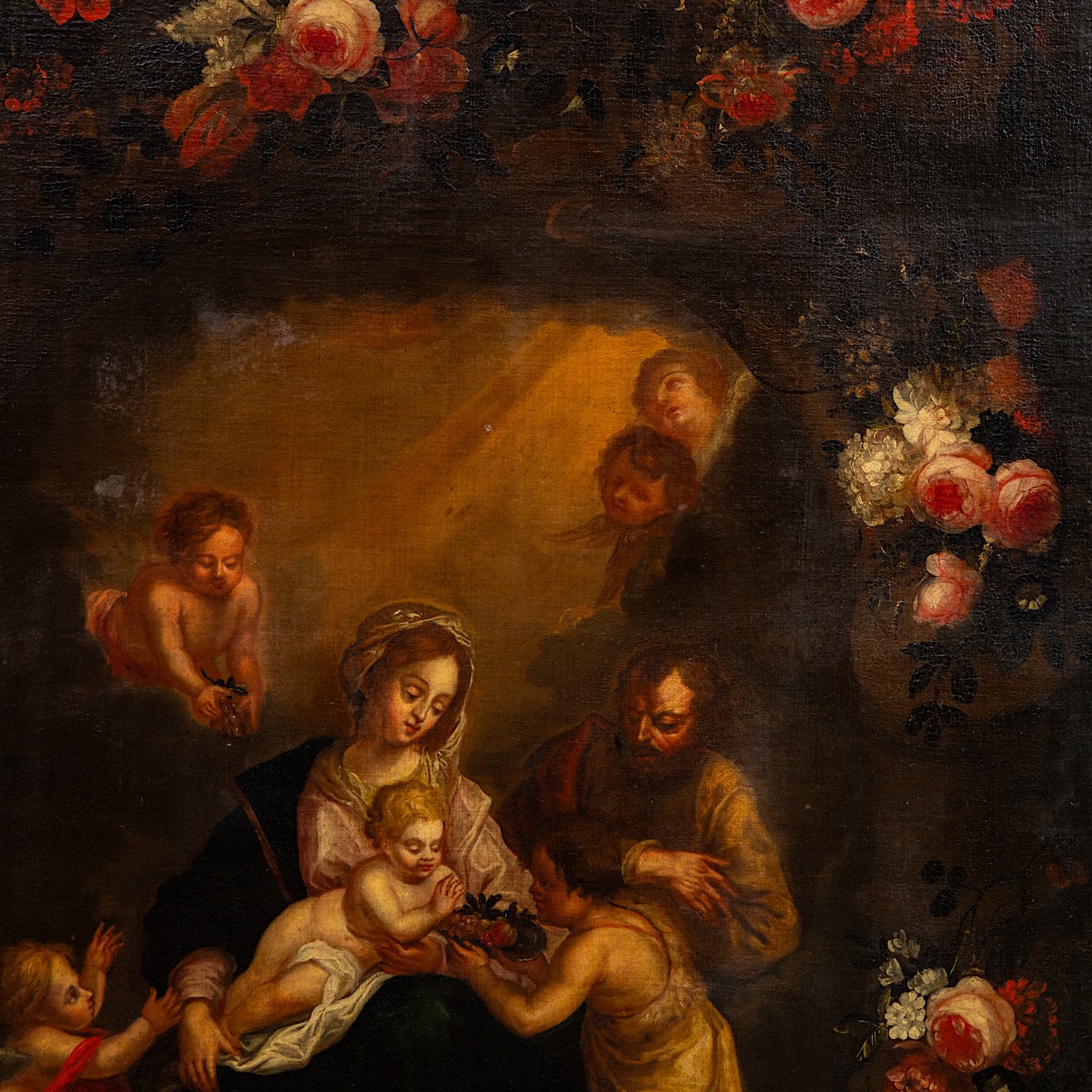 The Holy Family in a flower wreath, 17thC, Flemish School, oil on canvas 195 x 138 cm. (76.7 x 54.3 - Image 7 of 10