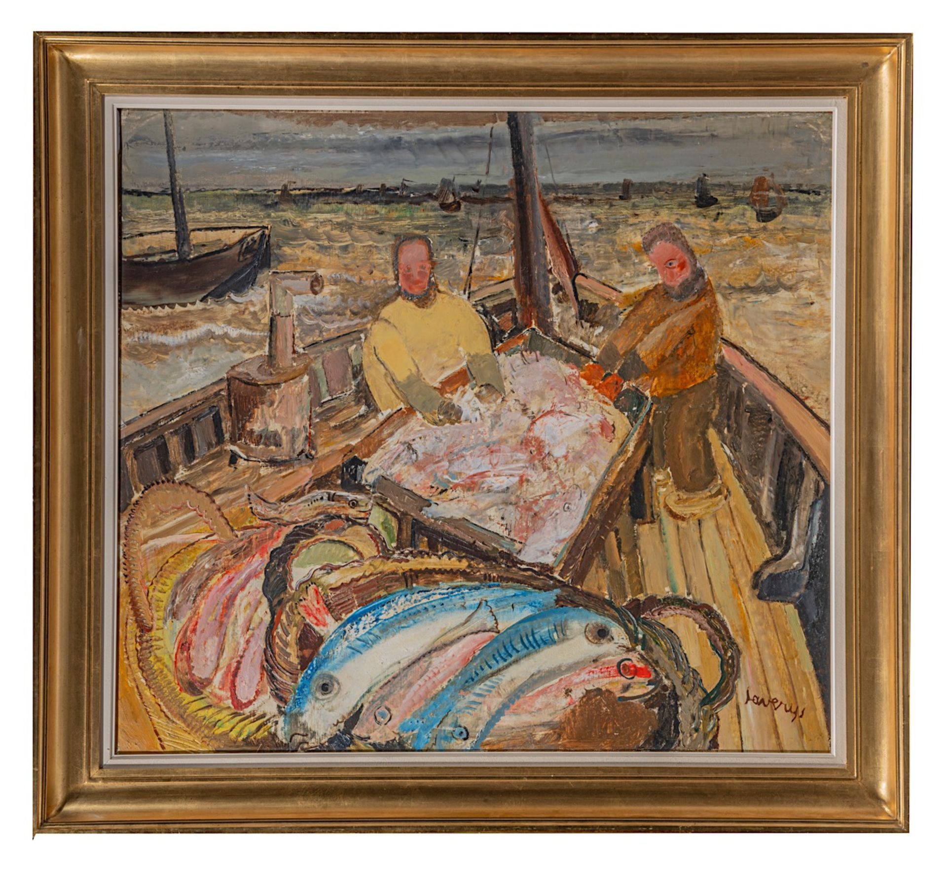 Albert Saverys (1886-1964), the fishing boat, oil on canvas 87 x 95 cm. (34 1/4 x 37.4 in.), Frame: - Image 2 of 6
