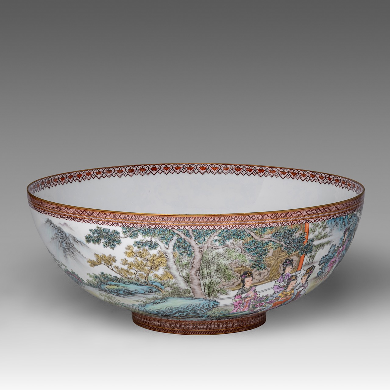 A rare and large Chinese famille rose 'Beauties in a Garden' eggshell punch bowl, with a Yongzheng m - Image 4 of 9