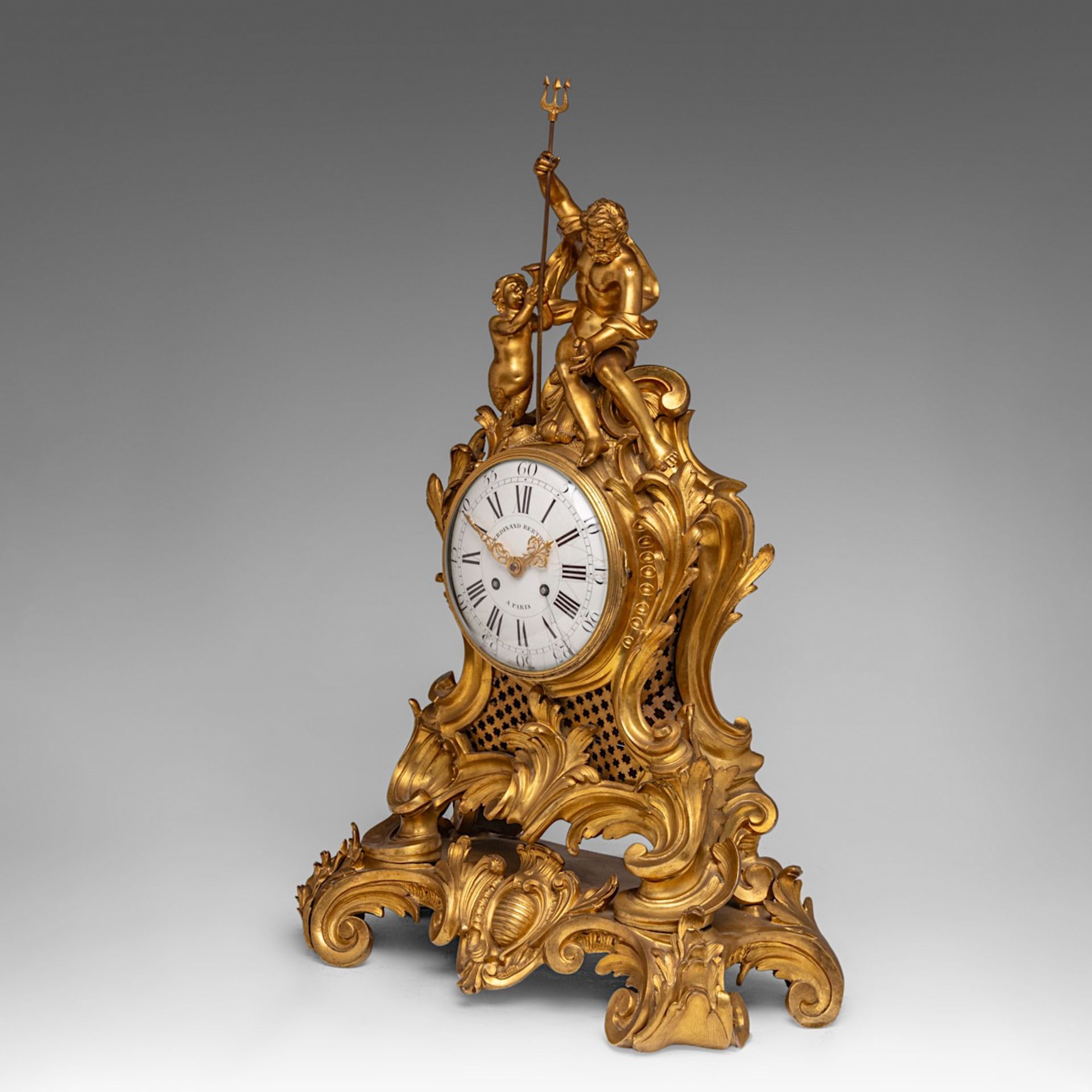 A Rococo Revival gilt bronze mantle clock, decorated with Neptune, Ferdinand Berthoud, H 71 cm - Image 4 of 9