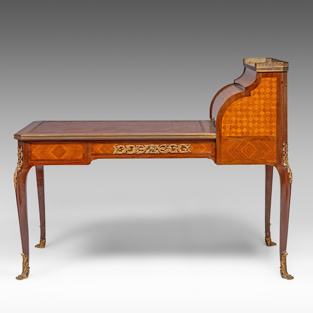 A leather-topped Transitional-style bureau plat and rolltop desk with parquetry and gilt bronze moun - Image 5 of 9