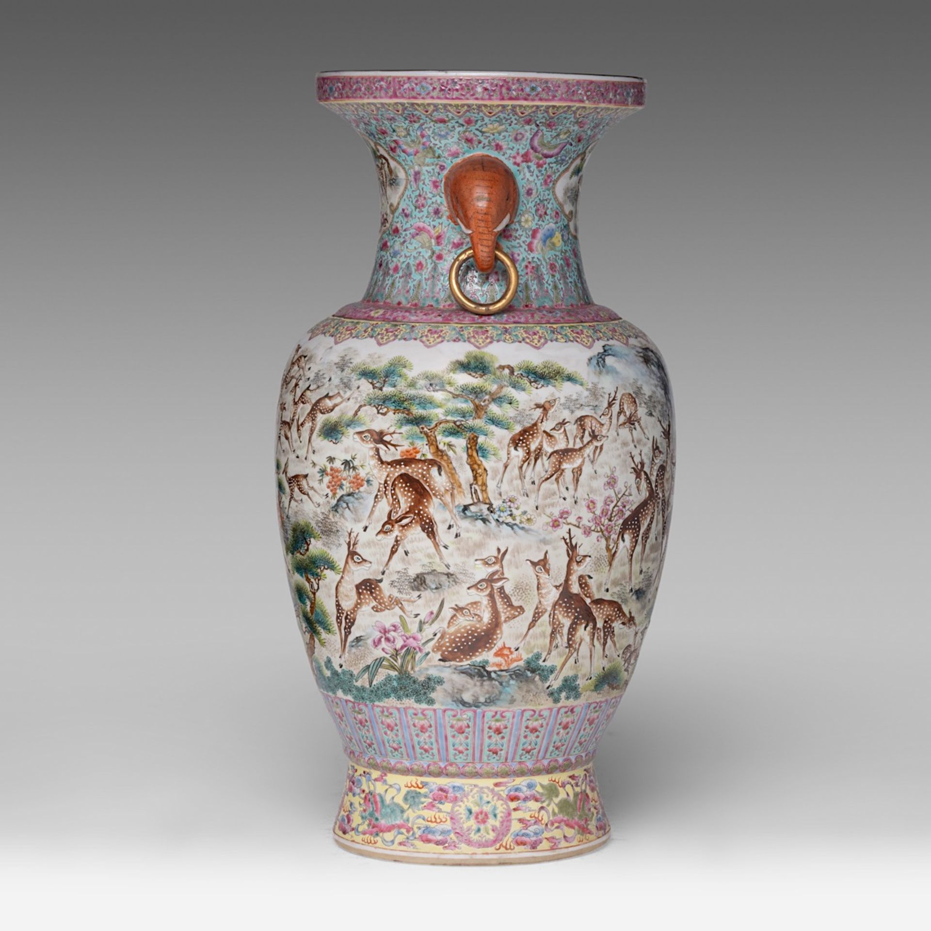 A Chinese famille rose 'One Hundred Deer' vase, paired with elephant-head handles, with a signed tex - Bild 2 aus 11