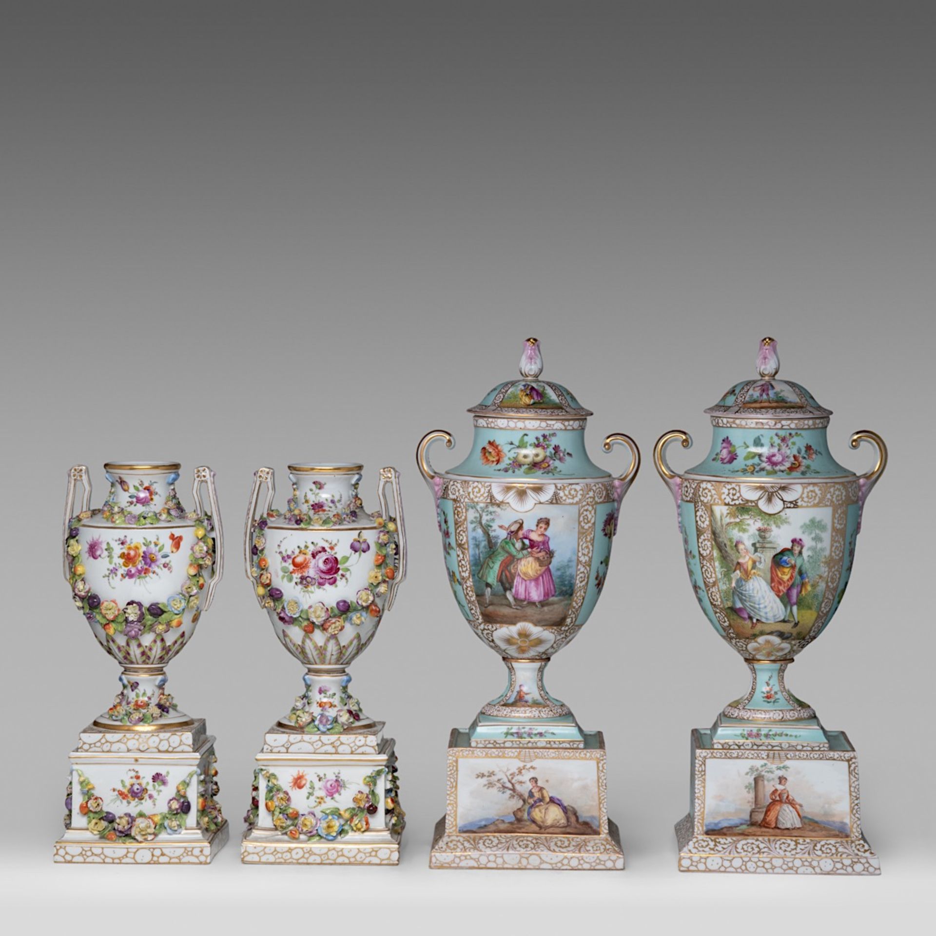 A large near pair of Vienna (or Dresden) hand-painted porcelain vases, and a smaller matching pair o - Bild 3 aus 14