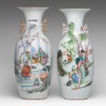 Two Chinese famille rose figural vases, both back with a signed text, Republic period, H 57 - 56,5 c