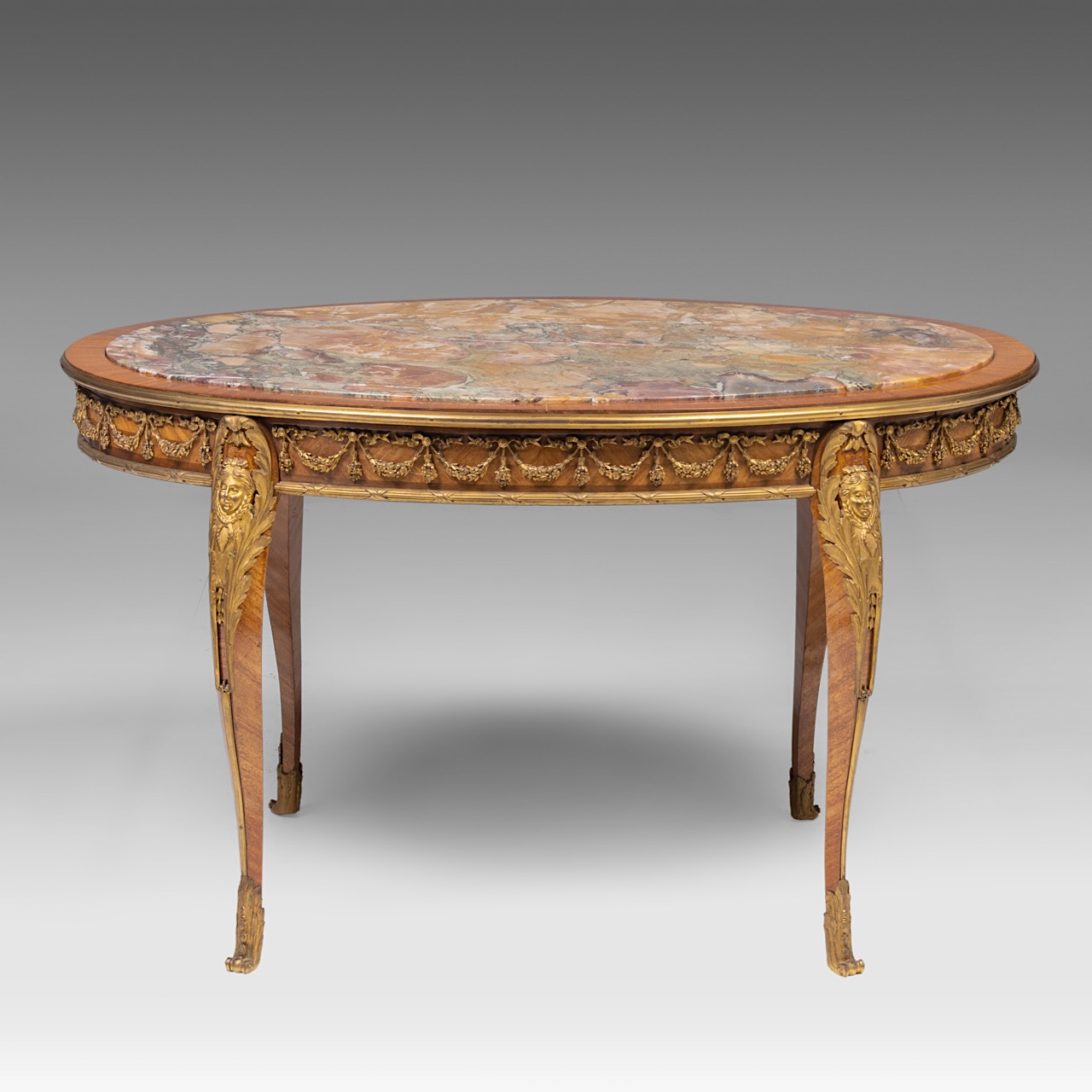 A mahogany marble-topped transitional-style side table with gilt bronze mounts, H 58 cm - W 100 cm - - Image 2 of 7