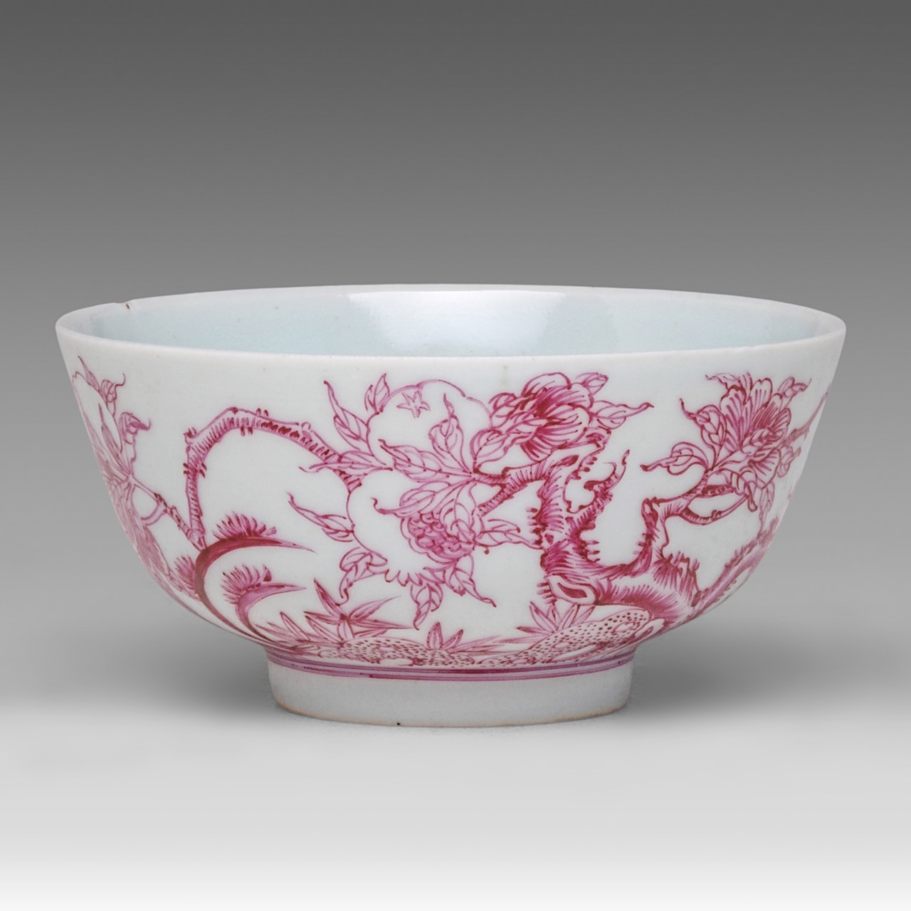 Two Chinese bowls enamelled in puce, 'Fruiting Pomegranate' and 'Magpies and Peonies', Guangxu mark - Image 8 of 13