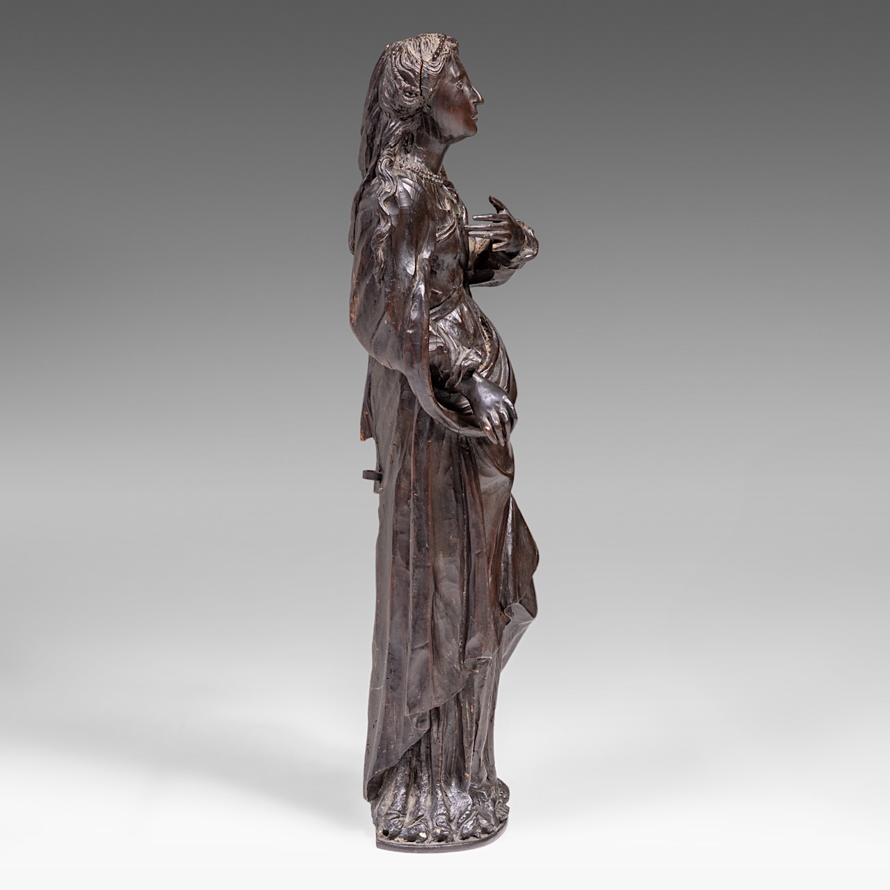 A carved wooden sculpture of Saint Barbara, on a matching console, H 139 cm (total) - Image 8 of 10