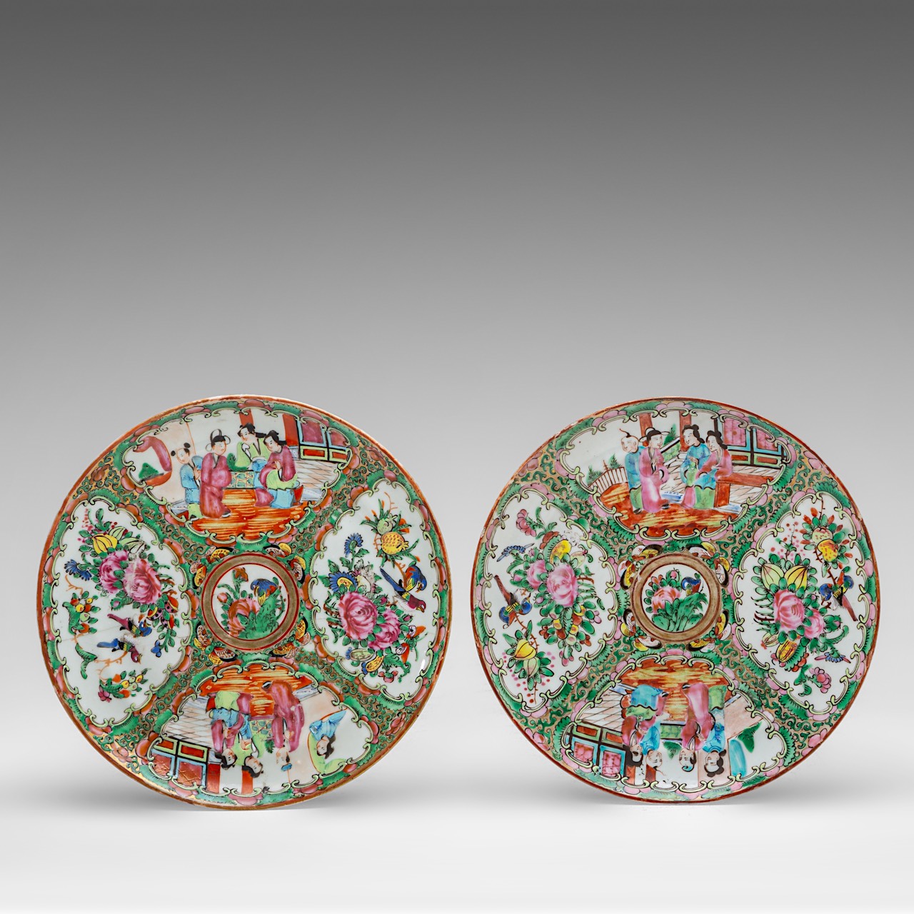 Eight Chinese Canton rose mandarin and rose medallion dishes, 19thC, dia 20 cm - added a famille noi - Image 3 of 16