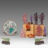 A collection of eleven Chinese mineral carvings and a pair of porcelain dishes, incl. two carnelian