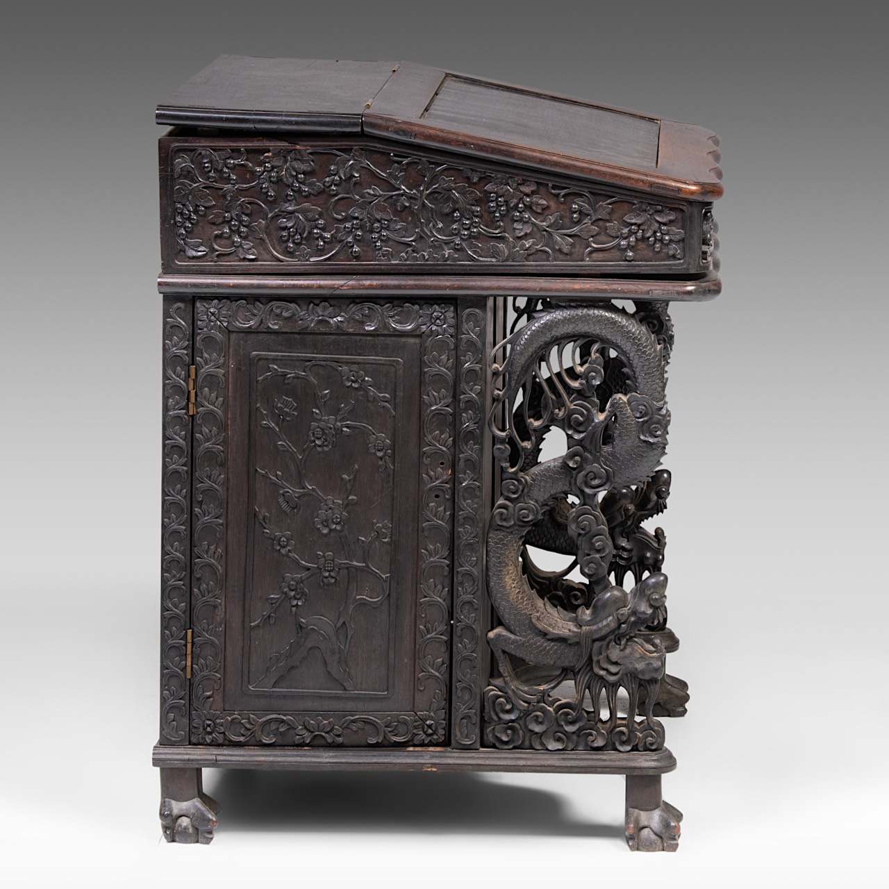 A compact South Chinese carved hardwood writing desk, 19thC, H 83 - W 66 - D 62 cm - Image 4 of 10