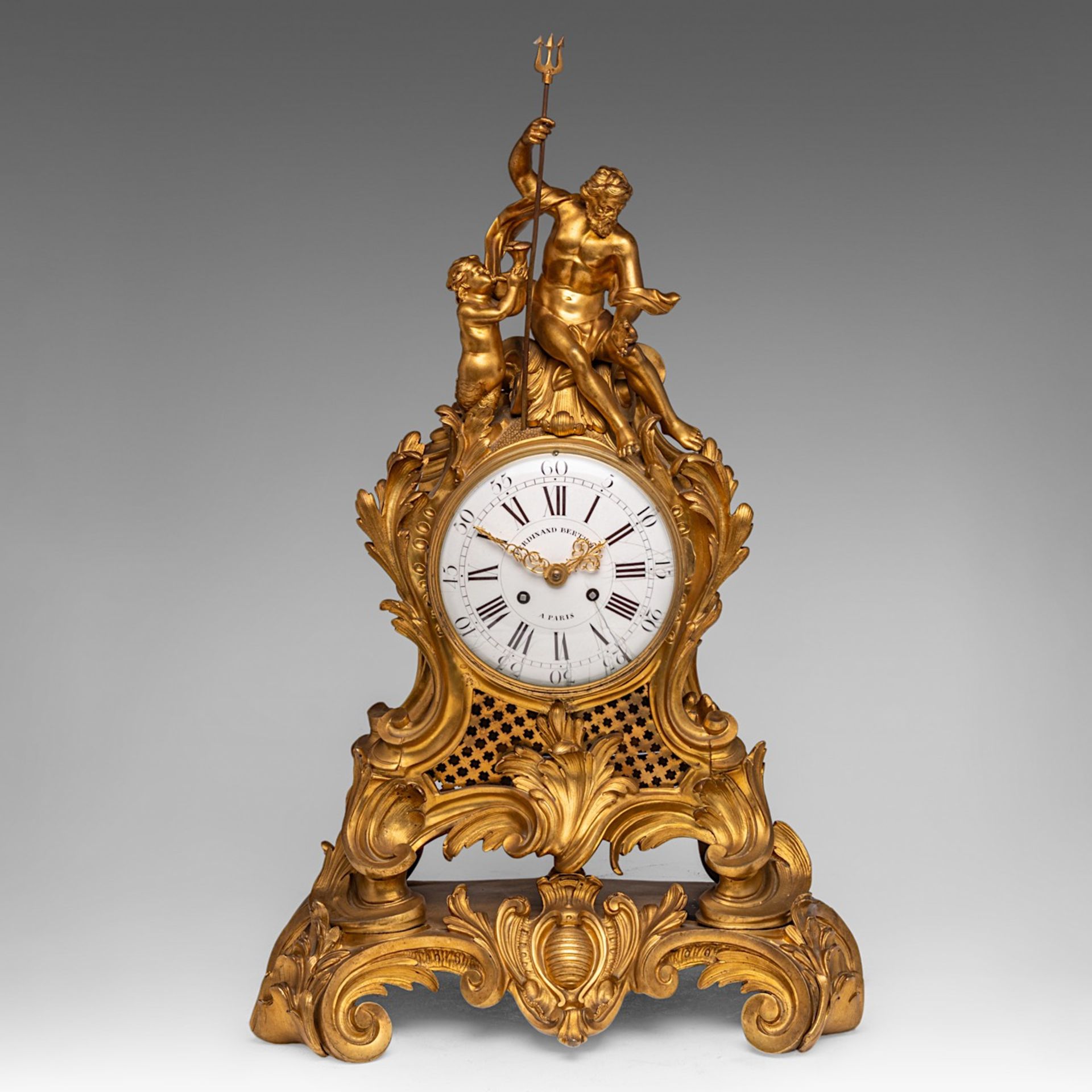 A Rococo Revival gilt bronze mantle clock, decorated with Neptune, Ferdinand Berthoud, H 71 cm