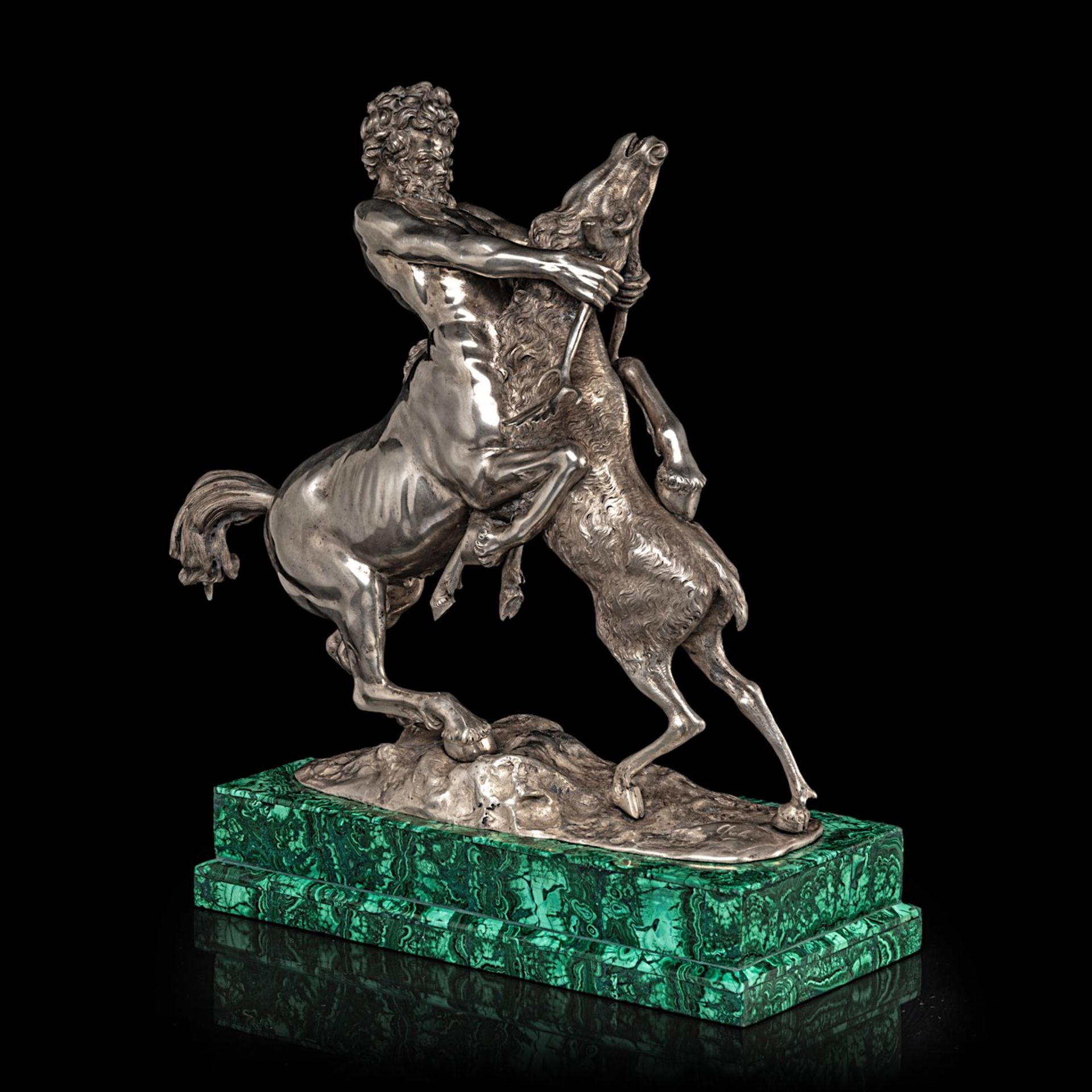 A silver figure of a centaur and deer fighting on a malachite veneered base, 800/000 35.5 x 36 x 13 - Bild 7 aus 11
