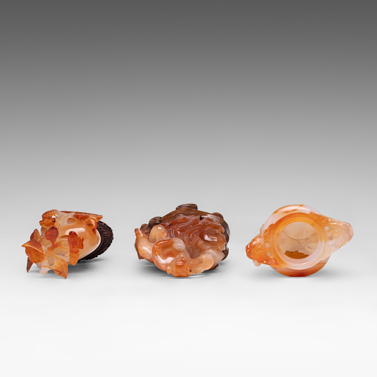 Three Chinese carnelian agate carvings: a tripod censer and cover, a 'Prunus' snuff bottle, 'Monkey - Image 5 of 8