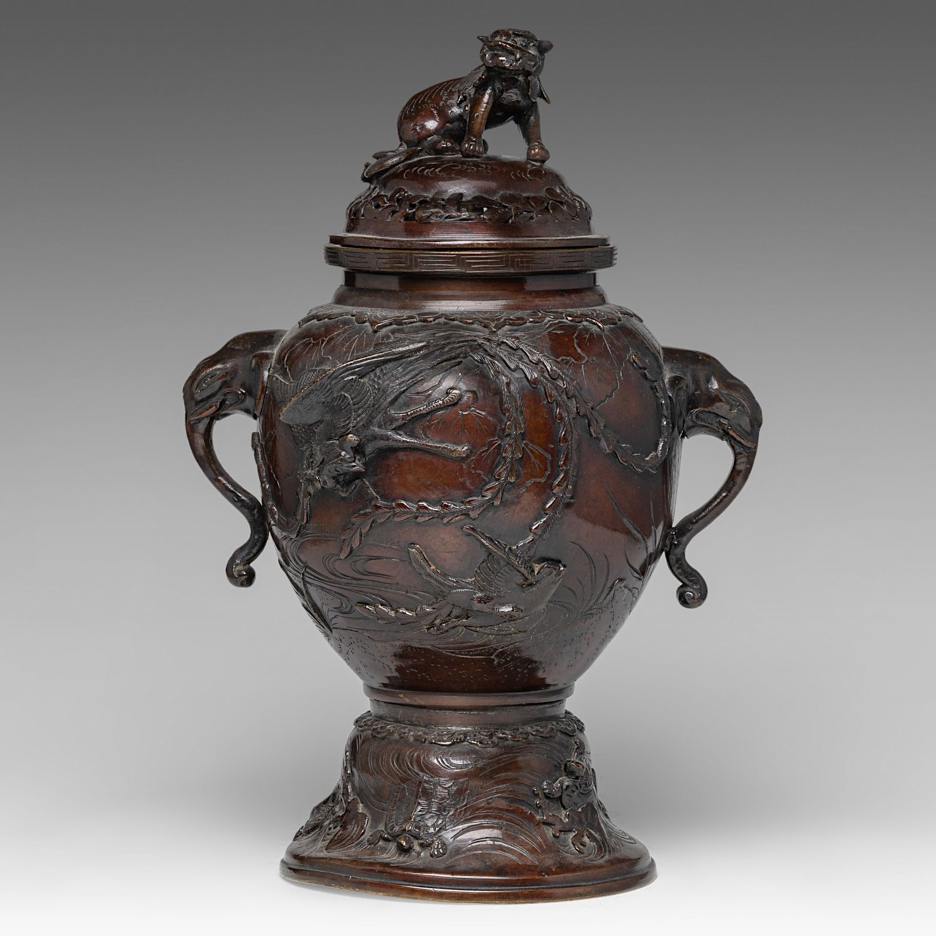A Japanese bronze censer, paired with elephant-head handles, Meiji period (1868-1912, H 43 cm