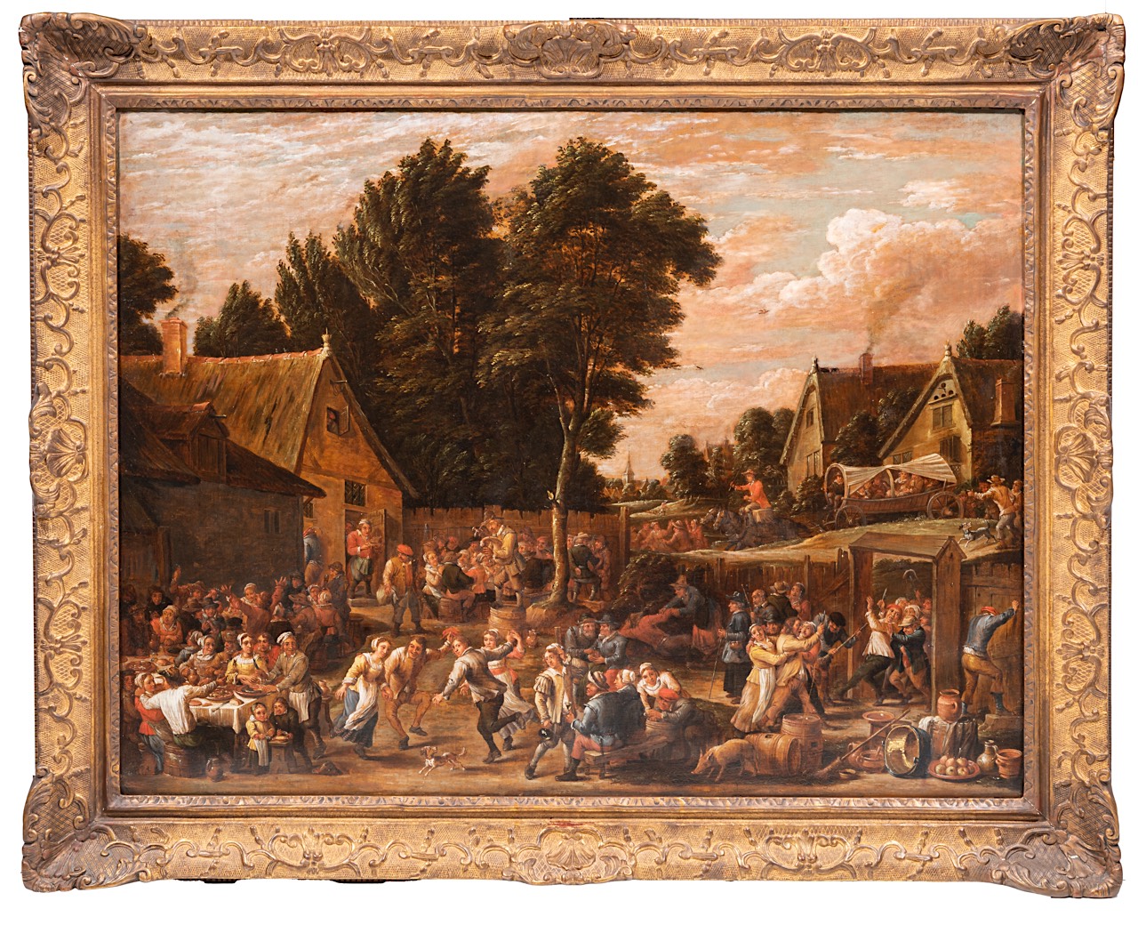 Attrib. to David II Teniers (1610-1690), village with an inn and peasants feasting and dancing, oil - Image 2 of 10