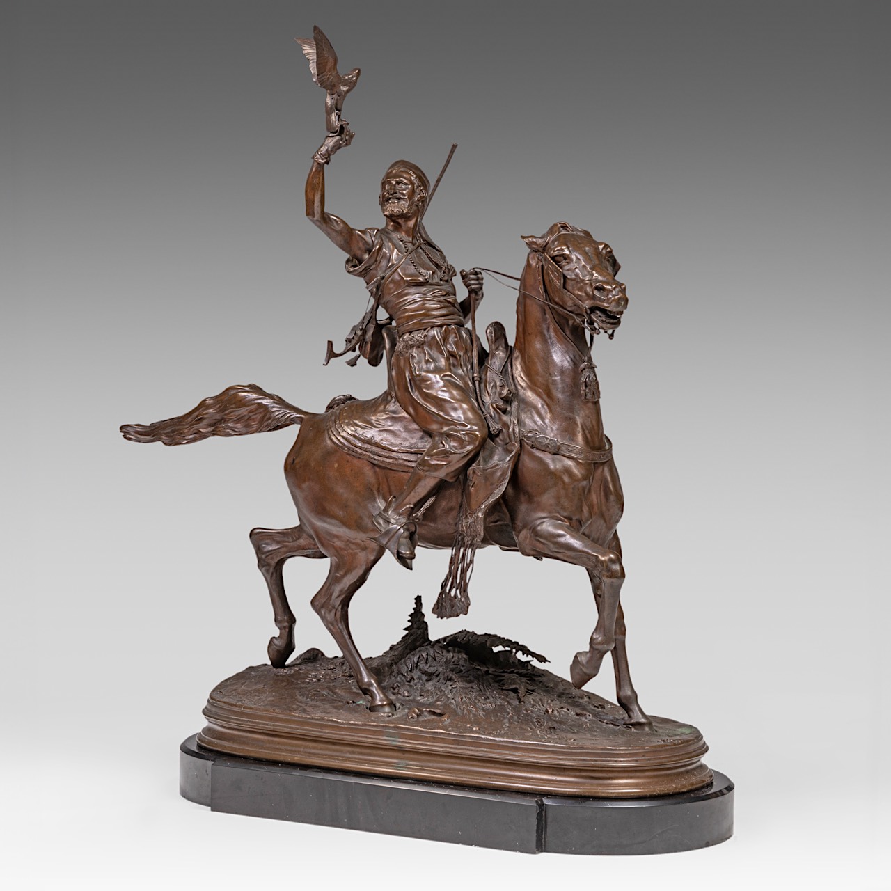 Pierre-Jules Mene (1810-1879), the falconer, patinated bronze on a black marble base, casted by Barb - Image 3 of 11