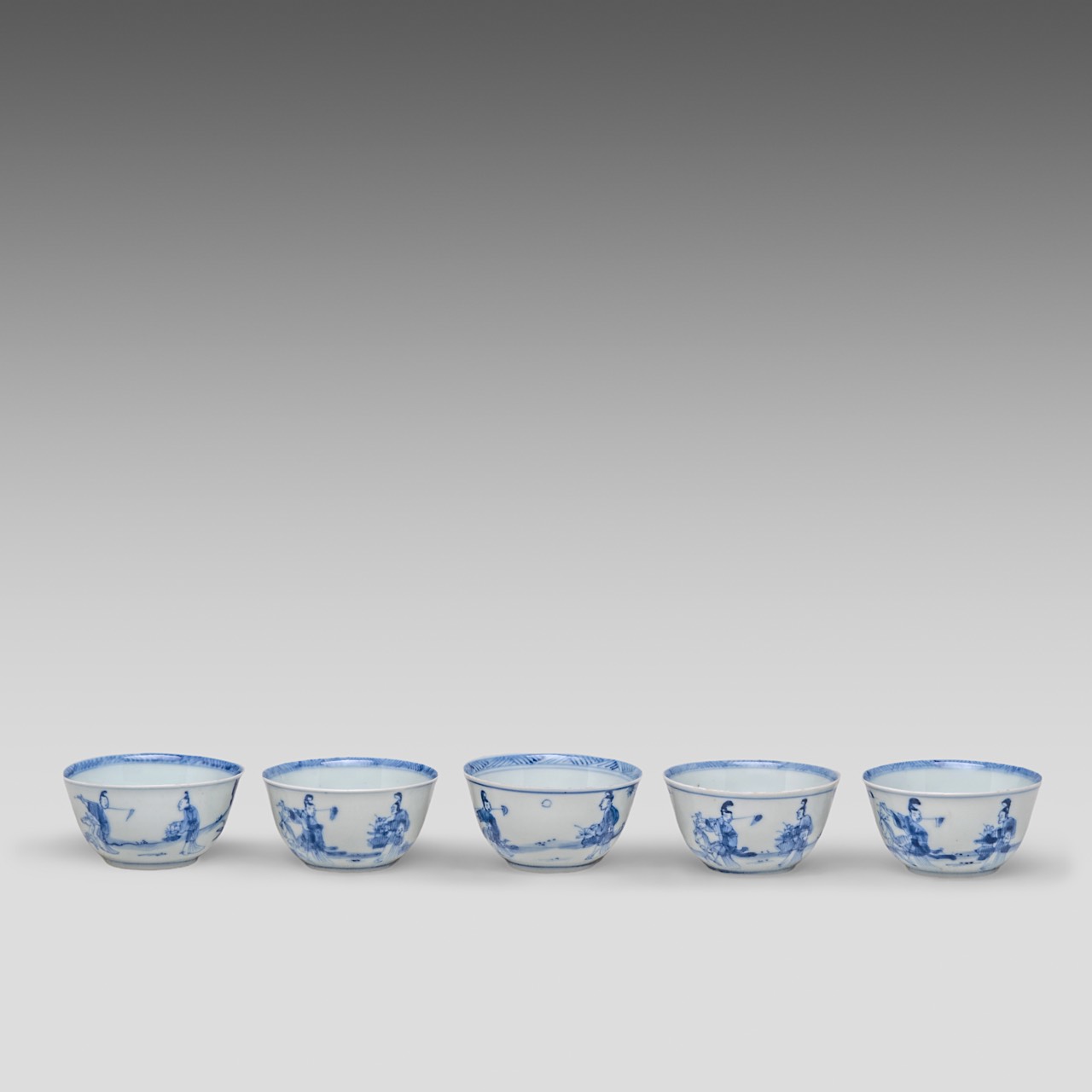 A series of five Chinese blue and white 'Female Immortal' cups, Kangxi/Yongzheng, H 3,5 - dia 7,2 cm - Image 2 of 10
