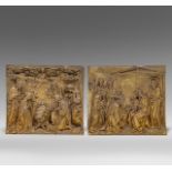A pair of gilt bronze alto-relievo plaques depicting the Adoration of the Magi and the Shepherds, 19
