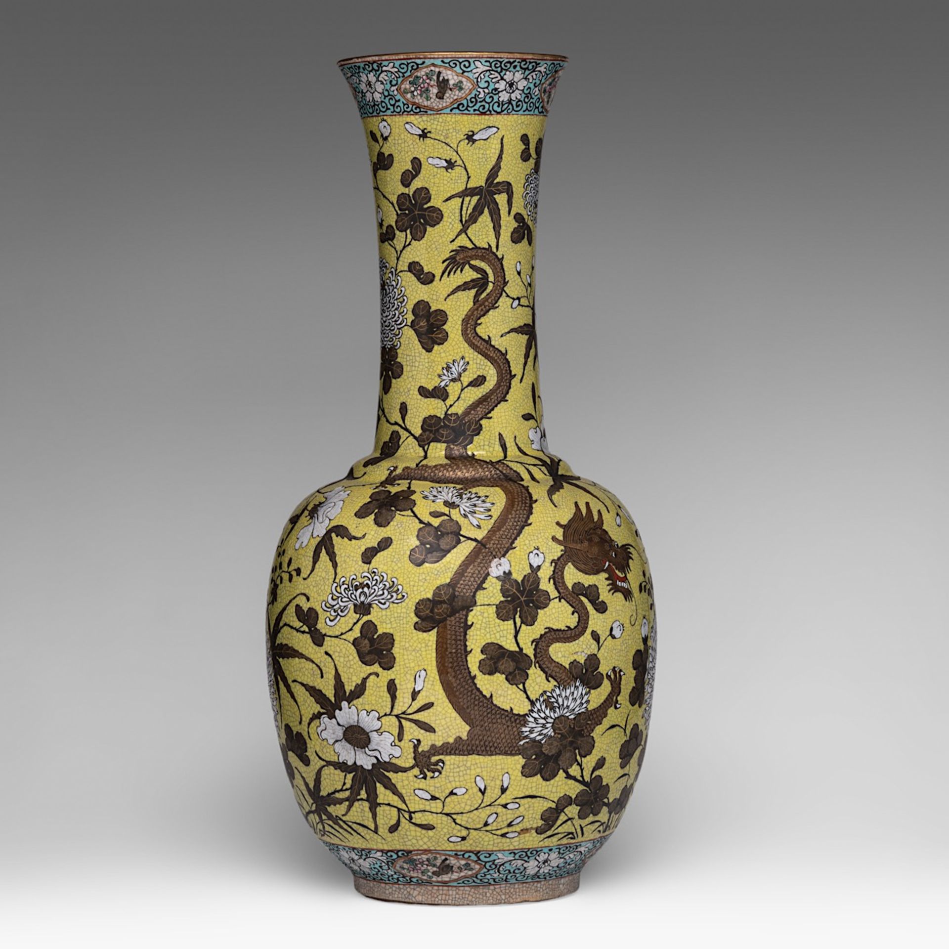 A Chinese Dayazhai-style 'Dragons amongst chrysanthemum' bottle vase, marked, Republic period, H 58 - Image 4 of 6