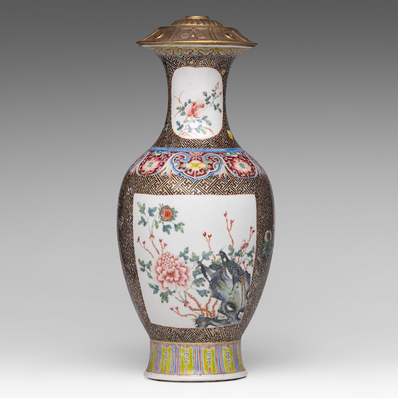 A fine Chinese famille rose 'Pheasants and Quails' baluster vase, with a Qianlong mark, late 19thC,