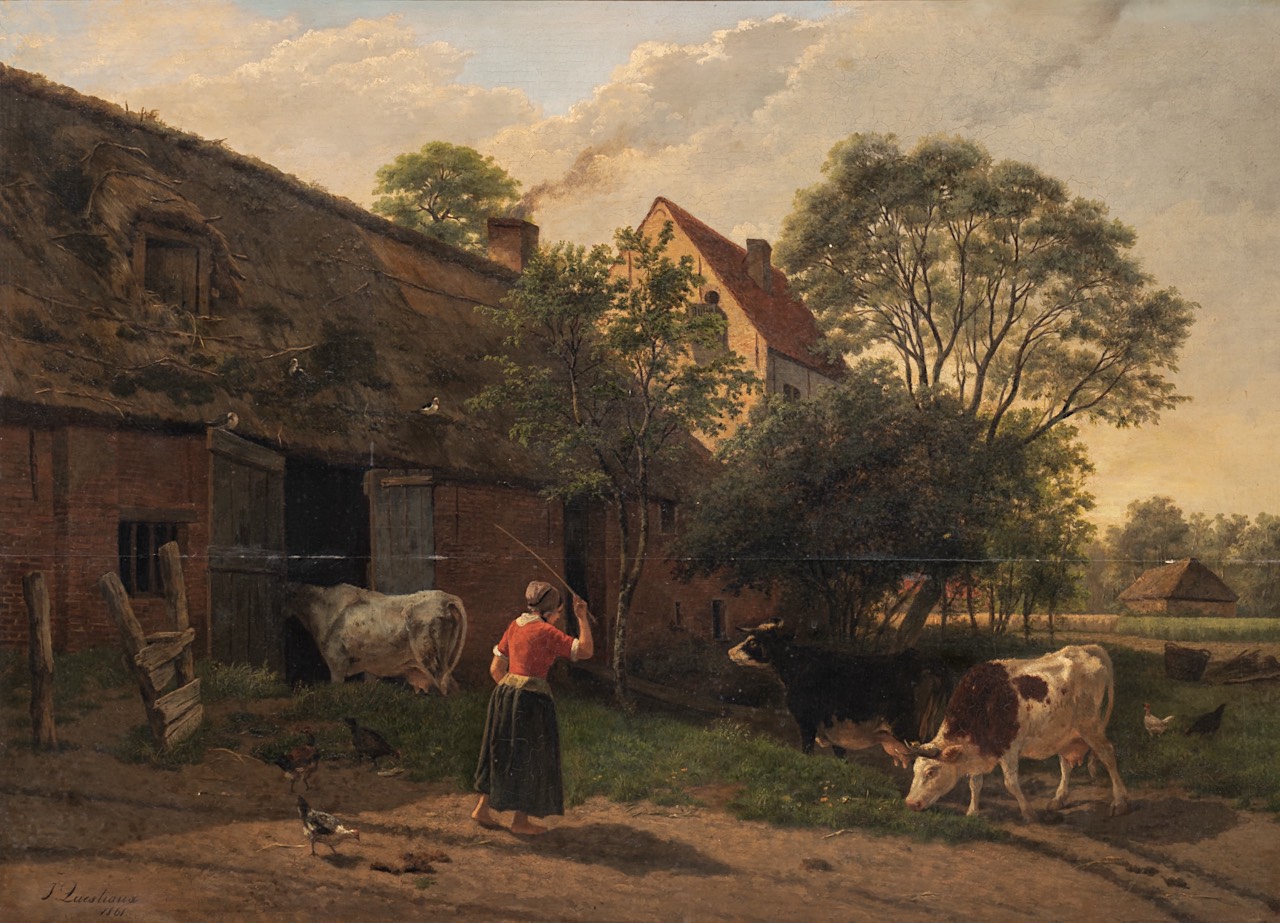 Jos Questiaux (1805-1881), a girl tends the cows, 1861, oil on oak 50 x 70 cm. (19.6 x 27.5 in.), Fr
