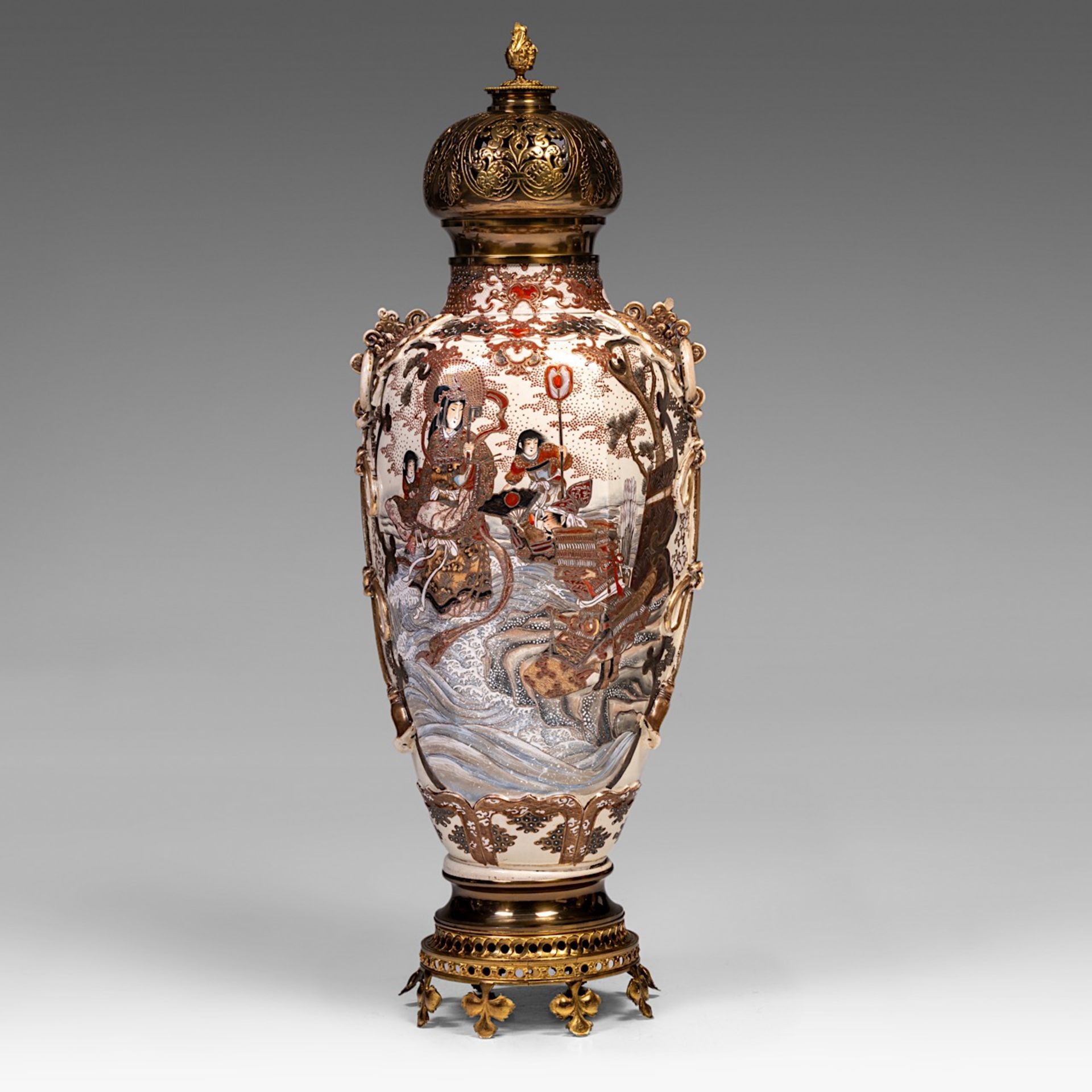 A large Japanese Satsuma vase with gilt bronze lid and base, late 19thC/20thC, total H 108 cm - Image 3 of 6