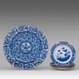 A Chinese blue and white floral decorated large plate, Kangxi period, dia 38 cm - a series of four b