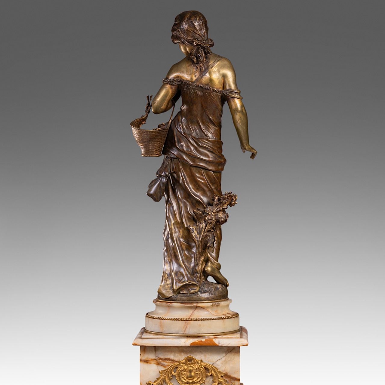 Auguste Moreau (1834-1917), lady with flower basket, patinated bronze on a Neoclassical onyx pedesta - Image 8 of 14