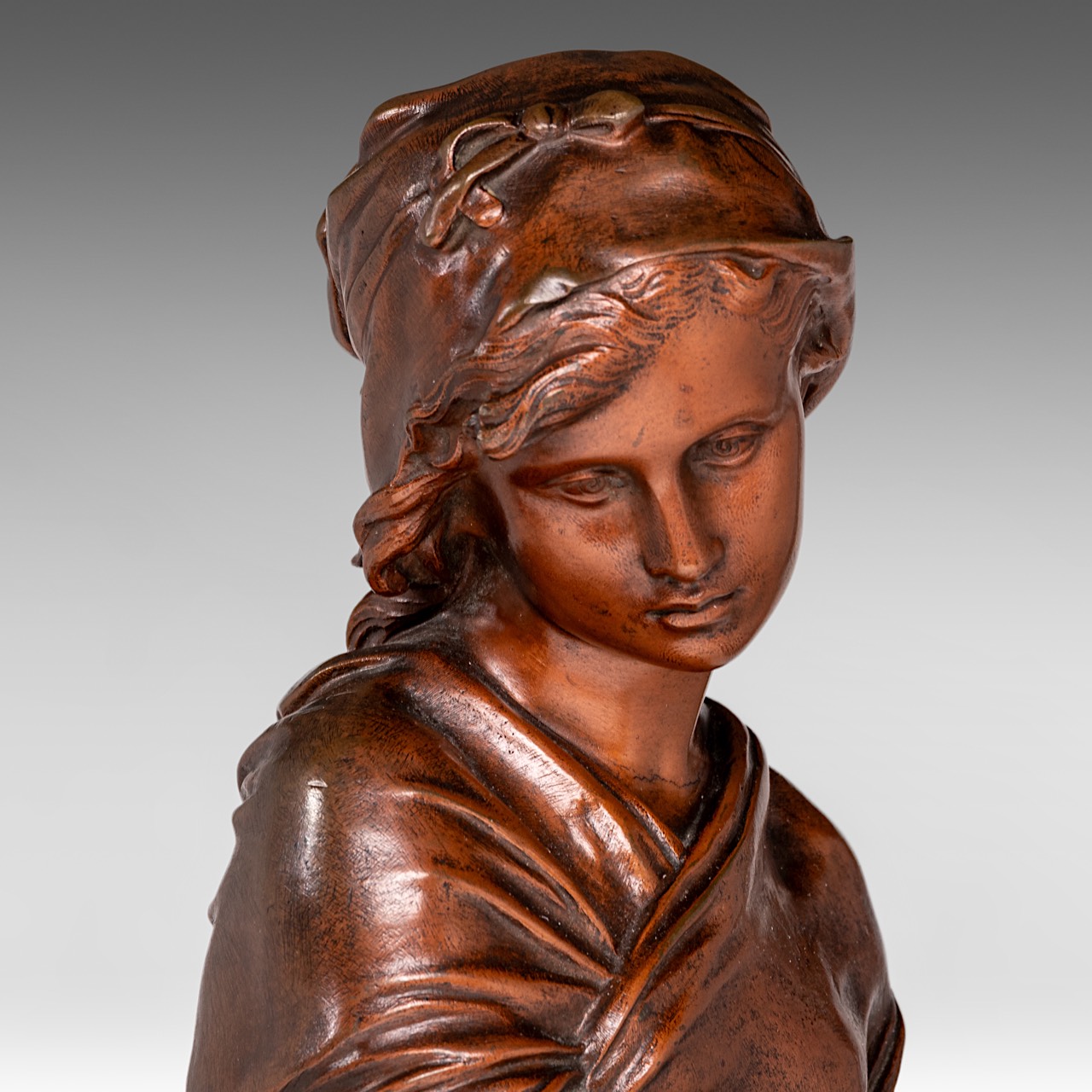 Mathurin Moreau (1822-1912), young girl with a jug, patinated bronze, foundry mark of E. Godeau, Par - Image 8 of 8