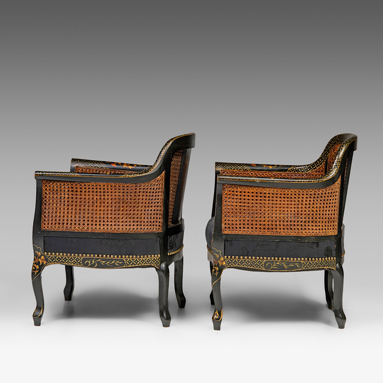 Two sets of handpainted Japonisme armchairs, with wicker panels, signed, H total 84 cm - H seat 36 c - Image 8 of 12