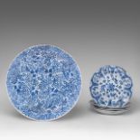 A Chinese blue and white 'Peony Scroll' plate, Kangxi period, dia 35 cm - added a series of four flo
