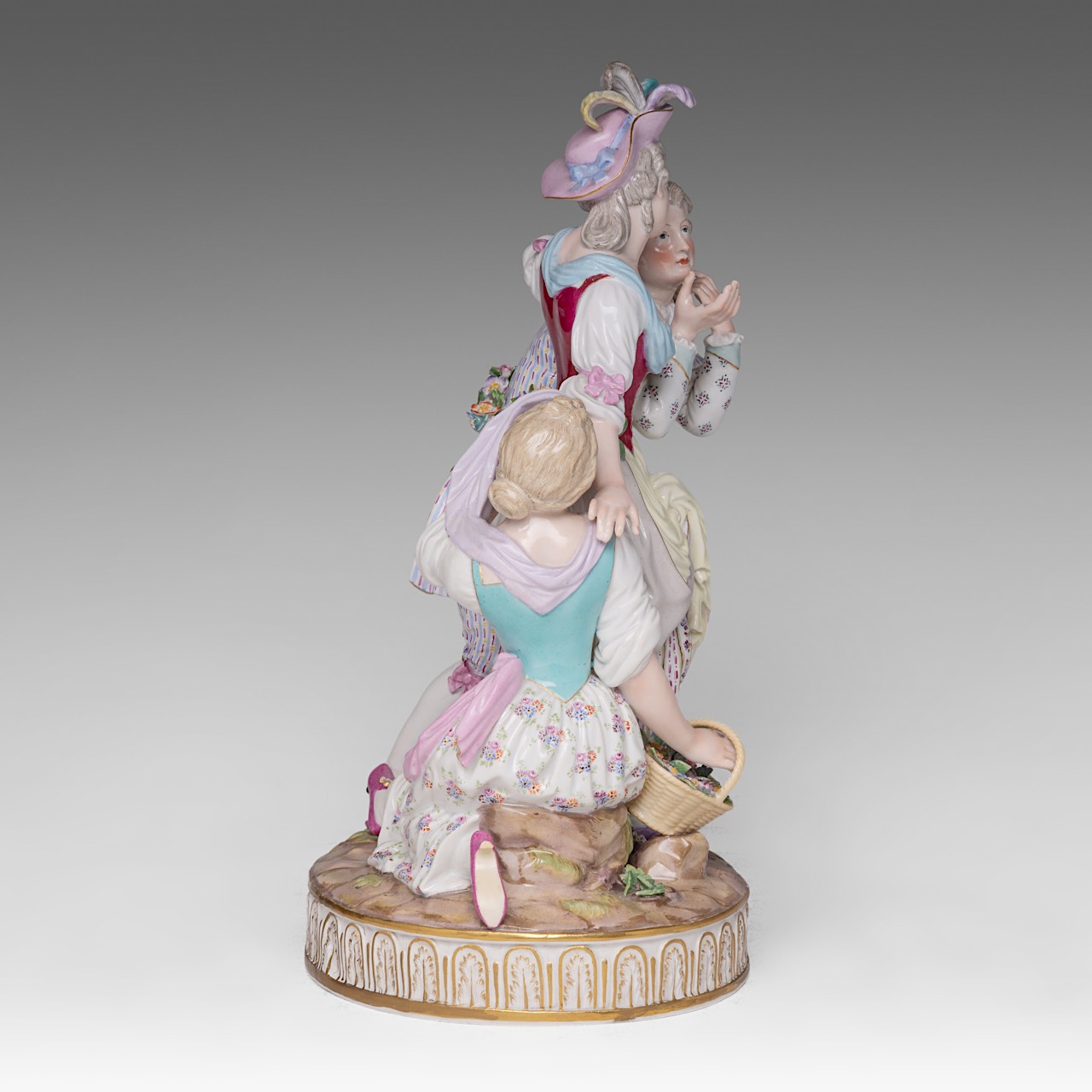 A polychrome Meissen porcelain group with a gallant scene, H 32 cm - Image 6 of 9