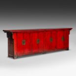 A long South Chinese eight-door red stained cabinet, vintage, L 310 cm - H 96 - D 50 cm