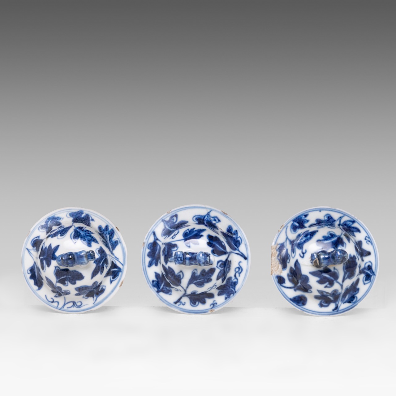 A complete set of Chinese blue and white floral decorated five-piece garniture vases, 19thC, H 30 (b - Image 7 of 8